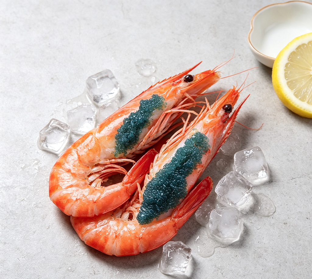 Royal Blue-Caviar Stuffed Prawns