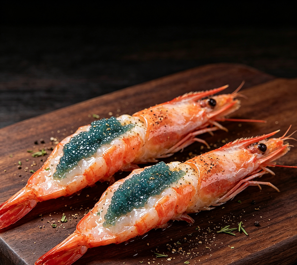 Royal Blue-Caviar Stuffed Prawns